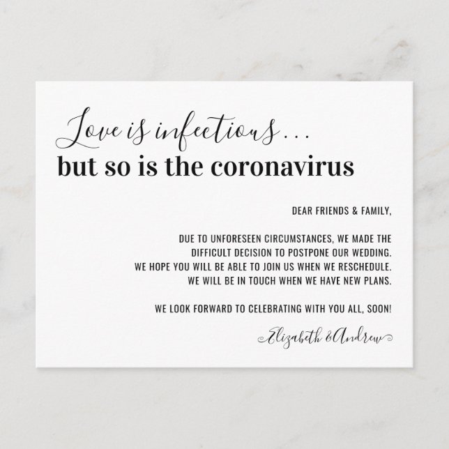 Liebe ist infektiöses Covid19 Hochzeitspause Ankündigungspostkarte (Vorderseite)