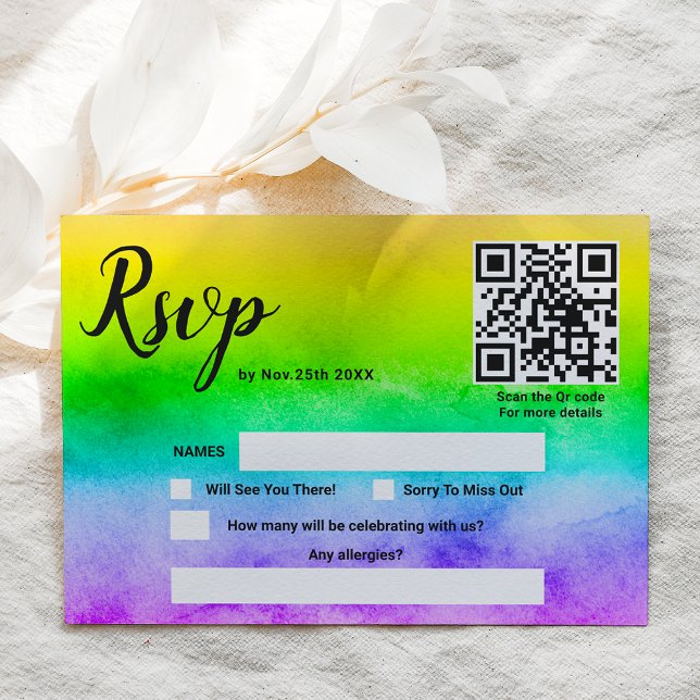 Liebe ist Liebe Aquarell Regenbogen Hochzeit qr Co RSVP Karte (Love is love watercolor rainbow wedding qr code RSVP card)