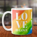 Liebe ist Liebe-Regenbogen-Stolz Kaffeetasse<br><div class="desc">Diese Gay Pride-Tasse ist mit LIEBE IS LIEBE in fett weiß Typografie auf einem Aquarell-Regenbogen-Hintergrund von Rot,  Orange,  Gelb,  Grün,  Blau und lila. Original Wasserfarbe © Michele Davies.</div>