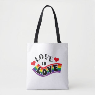 Liebe ist Liebe Regenbogenband-Typografie mit Herz