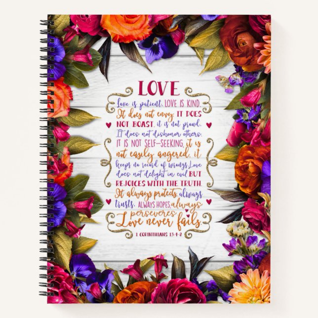 Liebe ist... mit mehrfarbigen Blume auf Holz Notizbuch (Vorderseite)