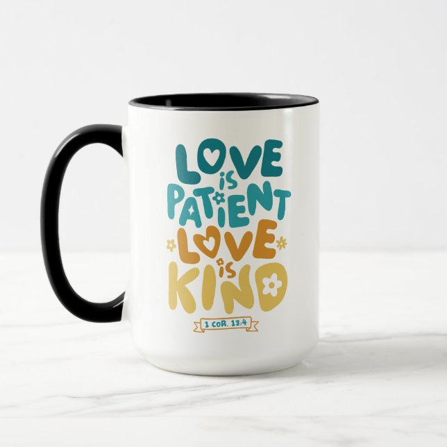 Liebe ist Patient, Liebe ist Kind 1 Korinther 13:4 Tasse (Links)