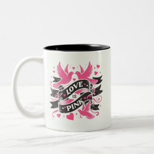 Liebe ist rosa - Tauben, Bänder und Herzen Zweifarbige Tasse