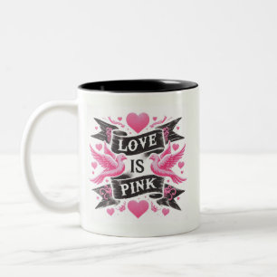 Liebe ist rosa - Tauben und Bänder Zweifarbige Tasse