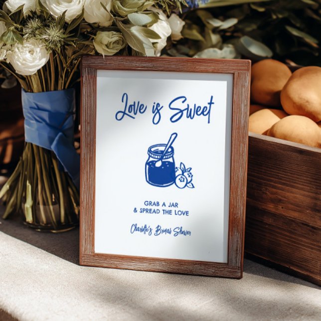 Liebe ist süß Blue-Brautjunggesellinnenabschied-Ja (Love Is Sweet Blue Bridal Shower Jam Bar Sign)