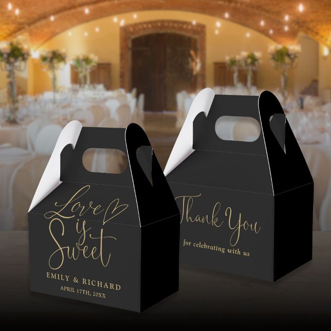 Liebe ist süß-elegante Schwarz-Gold-Hochzeit Geschenkschachtel (Love Is Sweet Elegant Black And Gold Wedding Favor Boxes)