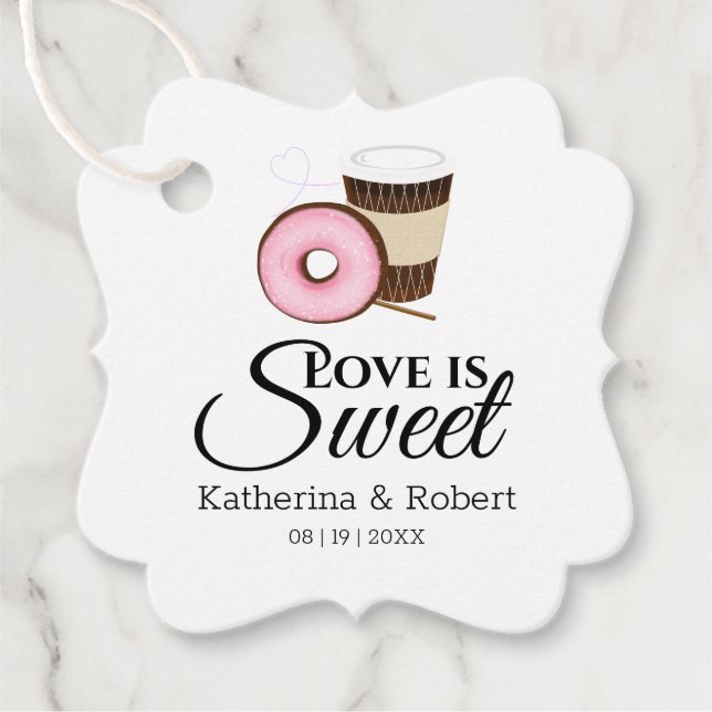 Liebe ist süß | Kaffee und Donut Hochzeit Geschenkanhänger (Vorderseite)