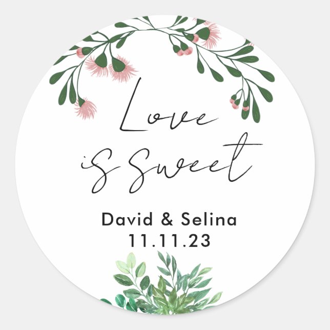 Liebe ist süß mit Blume und Blätter Hochzeit Runder Aufkleber (Vorderseite)