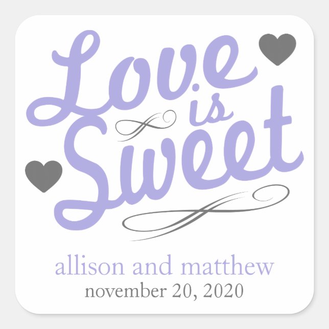 Liebe ist süße altmodische Etiketten (Lila/grau) Quadratischer Aufkleber (Vorderseite)