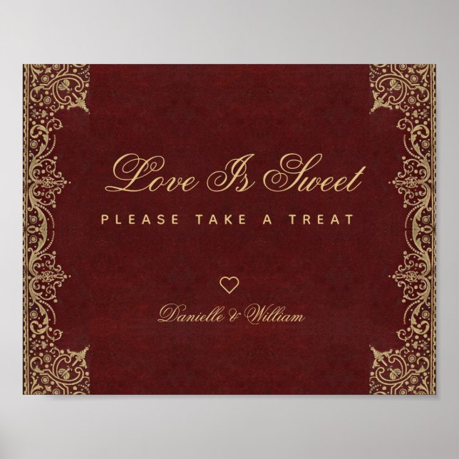 Liebe ist süße Burgund Gold Candy Bar Wedding Sign Poster (Vorne)