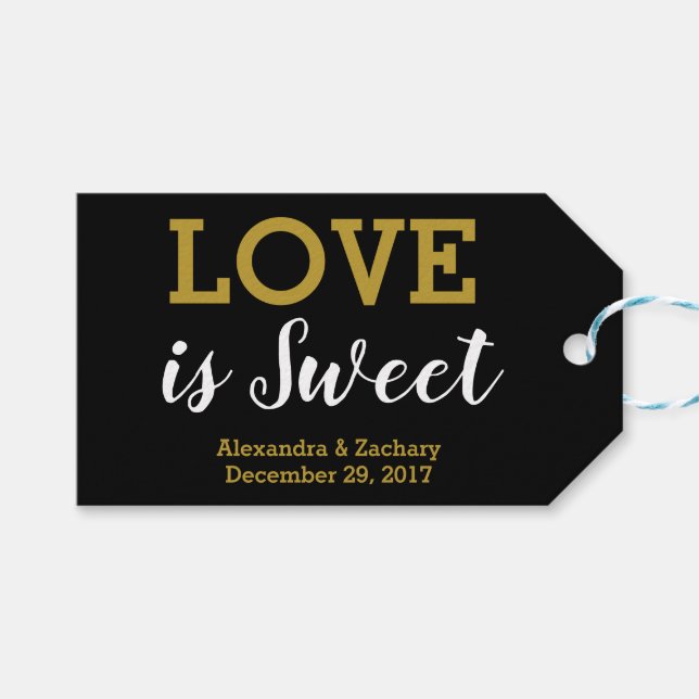 Liebe ist Sweet Black Gold Wedding Candy Gefallen Geschenkanhänger (Vorderseite (Horizontal))