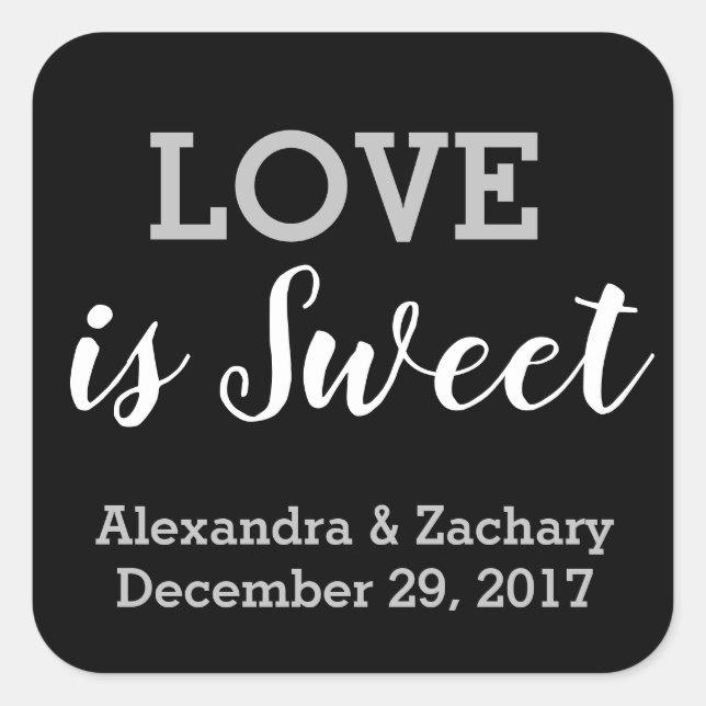 Liebe ist Sweet Black Silver Wedding Engage Gefall Quadratischer Aufkleber (Vorderseite)