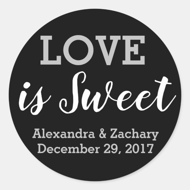 Liebe ist Sweet Black Silver Wedding Engage Gefall Runder Aufkleber (Vorderseite)