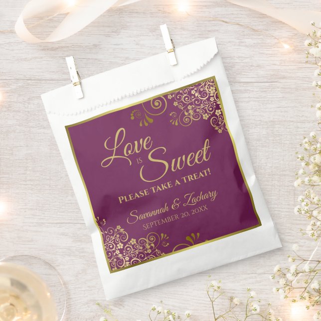 Liebe ist Sweet Magenta Plum & Gold Lace Wedding Geschenktütchen (Ausgeschnitten)