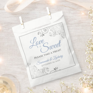 Liebe ist Sweet Silver Lace Blue Gray Script Weddi Geschenktütchen