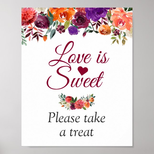 Liebe ist Sweet Watercolor Burgundy Blumenzeichen Poster (Vorne)