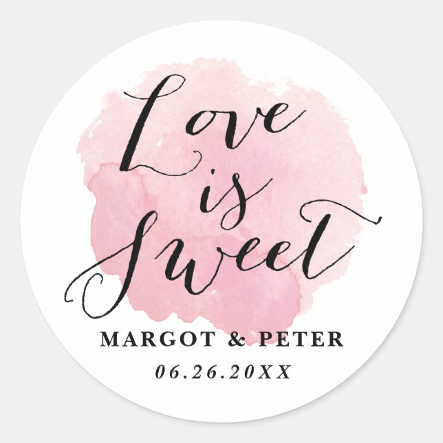 Liebe ist Sweet Watercolor Script Runder Aufkleber (Vorderseite)