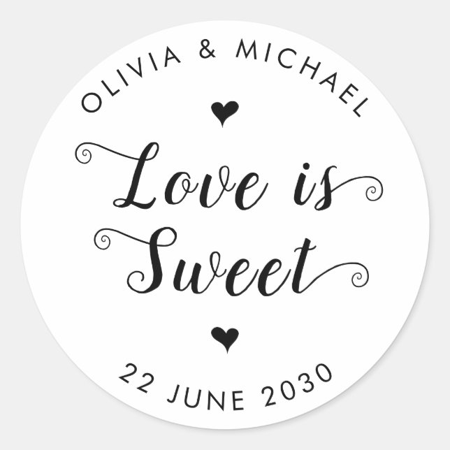 Liebe ist Sweet Wedding Simple Rustic Black Script Runder Aufkleber (Vorderseite)