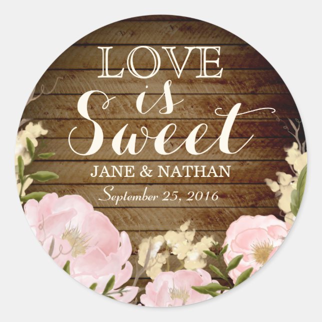 Liebe ist Sweet Wood Look Hochzeitsticker Runder Aufkleber (Vorderseite)