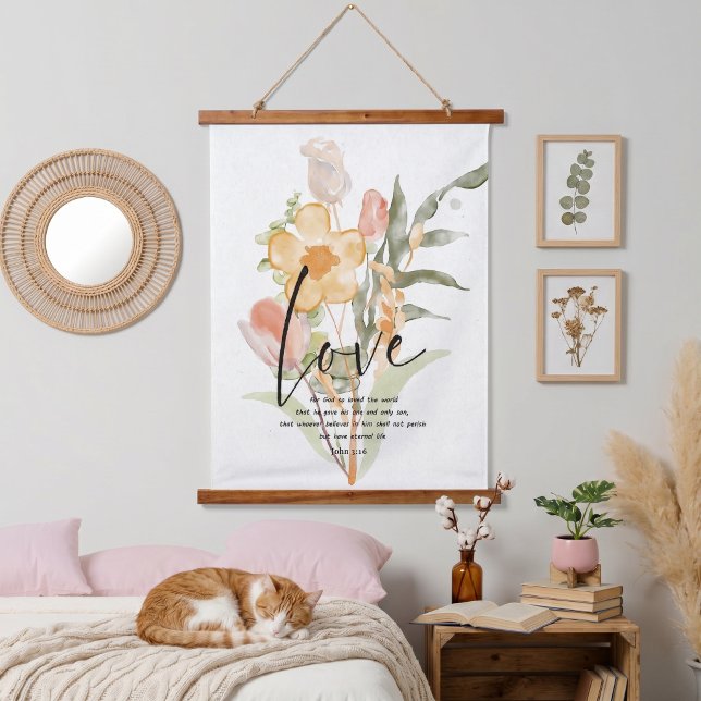 Liebe-John 3:16 orangefarbene Blüte Wandteppich Mit Holzrahmen (Von Creator hochgeladen)