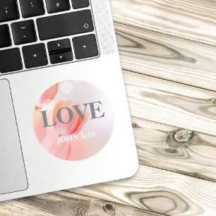 LIEBE John 3:16 Verse mit eleganten rosa Blume Runder Aufkleber