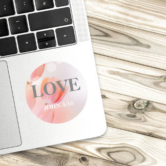 LIEBE John 3:16 Verse mit eleganten rosa Blume Runder Aufkleber