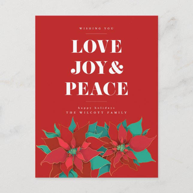 LIEBE JOY & PEACE Frohe Weihnachtsfeiertage Postka Postkarte (Vorderseite)