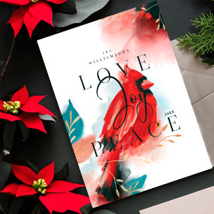 Liebe Joy & Peace Red Kardinal Wasserfarbe Weiß Feiertagskarte