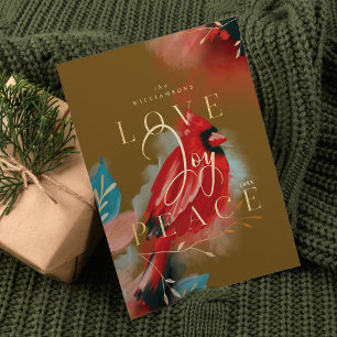 Liebe Joy & Peace Red Kardinal Watercolor Green Feiertagskarte