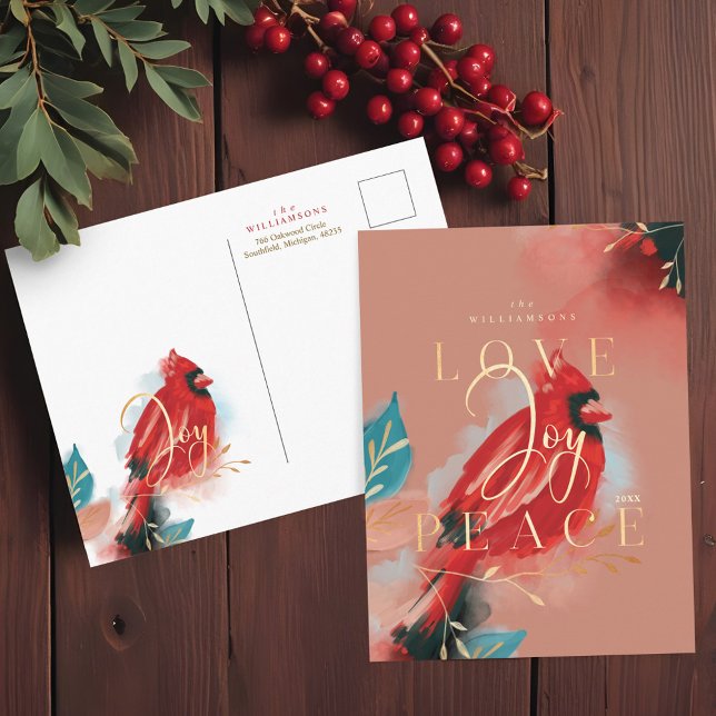 Liebe Joy & Peace Roter Kardinal Wasserfarbenfroh Postkarte (Love Joy & Peace Red Cardinal Watercolor Blush Postcard)