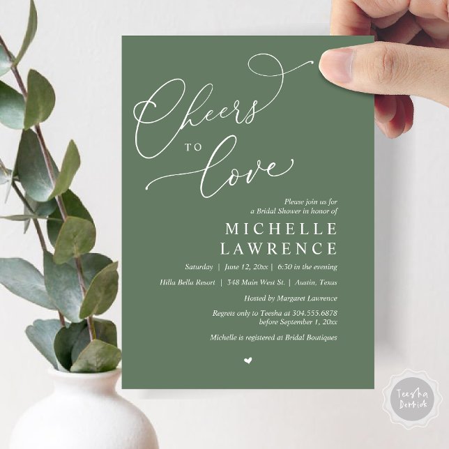 Liebe jubeln, Romantisches Brautparty Party Einladung (Cheers to love, Romantic Bridal Shower Party Invitation Card, PDF, in Forest Sage Green)