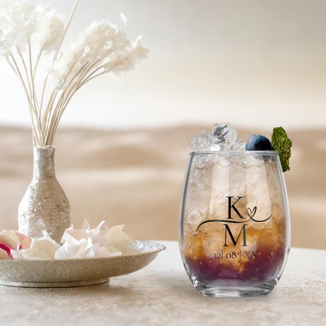 Liebe Kalligraphie-Initialen Herzschwarz B&W ID940 Weinglas Ohne Stiel (Von Creator hochgeladen)