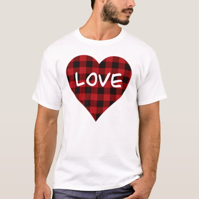Liebe, kariertes rotes Büffel, Valentinherz T-Shirt (Vorderseite)