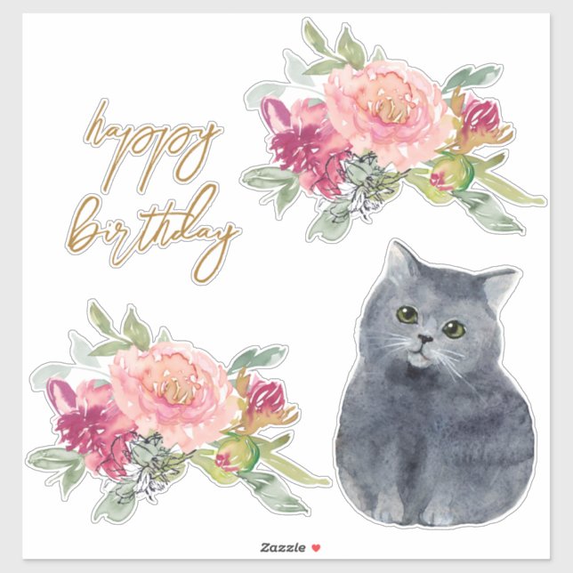 Liebe Katzen Illustration Happy Birthday Girl Part Aufkleber (Blatt)