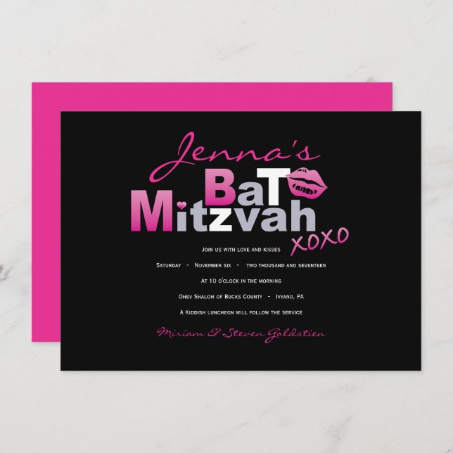 LIEBE & KISSES HOT PINK Bat Mitzvah Einladung (Vorne/Hinten)