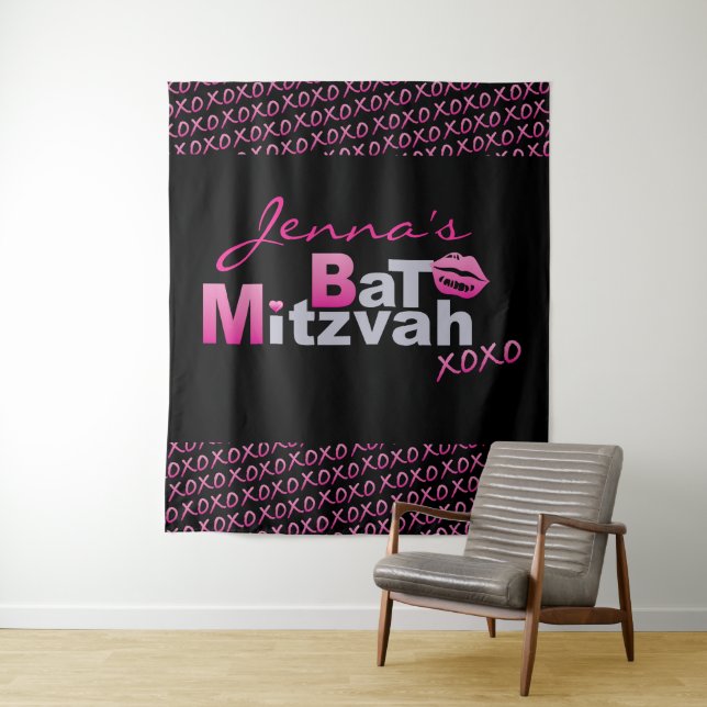 LIEBE & KISSES PINK Bat Mitzvah Foto-Op Hintergrun Wandteppich (Beispiel)