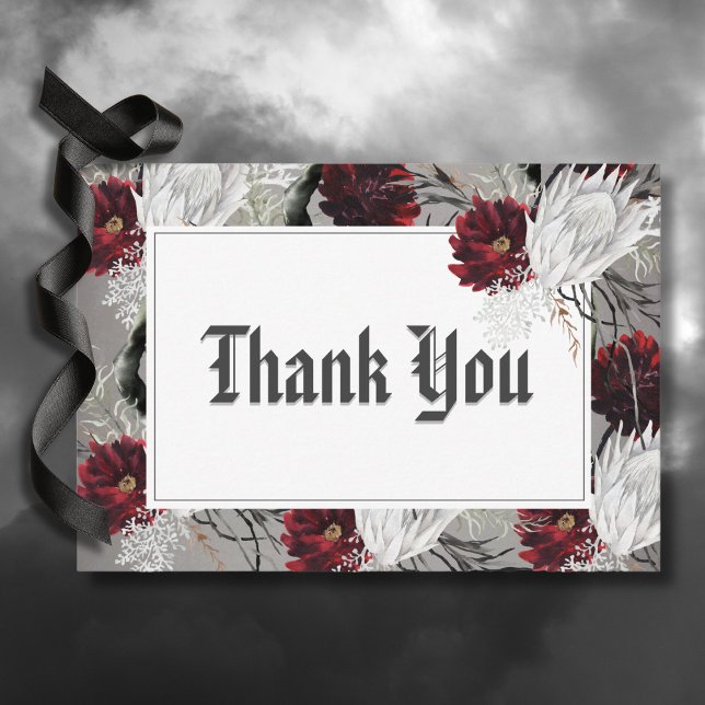 Liebe & Knochen Hochzeit mit Roter Flora Dankeskarte (Love & Bones Spooky Red Floral Wedding Thank You Card)