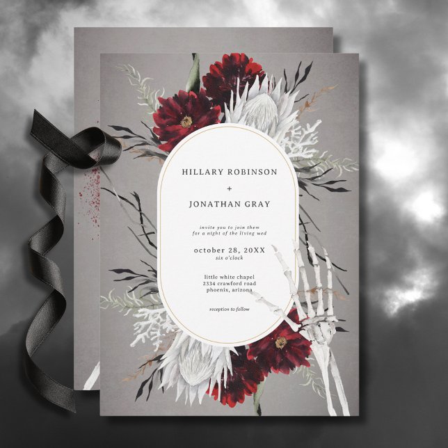 Liebe & Knochen Hochzeit mit Roter Flora Einladung (Love & Bones Spooky Red Floral Wedding Invitation)