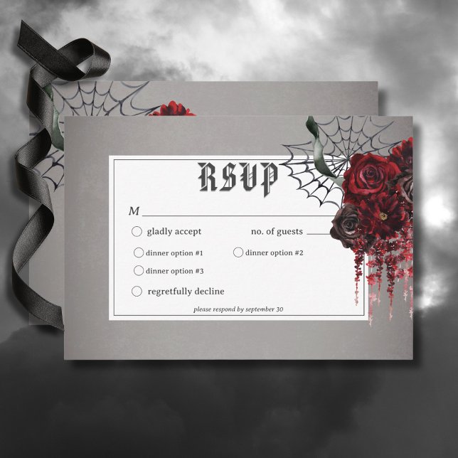 Liebe & Knochen Rote Blume Hochzeitsessen RSVP Karte (Love & Bones Spooky Red Floral Wedding Response Card with Dinner Options)