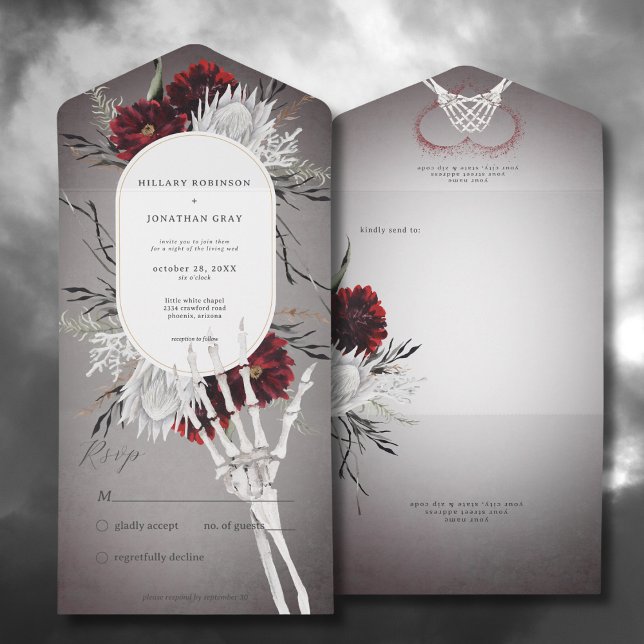 Liebe & Knochen Rote Blüte Hochzeit Kein Abendesse All In One Einladung (Love & Bones Spooky Red Floral All In One Wedding Invitation without Dinner Options)