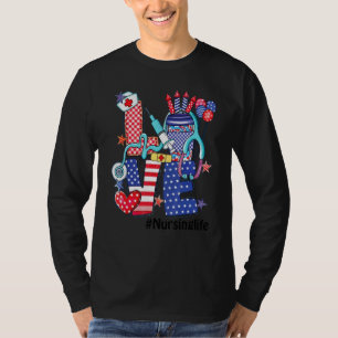 Liebe Krankenpflege Leben Stethoskop Feuerwerk USA T-Shirt