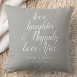 Liebe Lachen glücklich je nach | Hochzeitstag Kissen<br><div class="desc">schöne und köstliche Worte schmücken dieses neu vermählte Kissen mit Ihren Namen & Hochzeitsdatum! Die Wörter sind in einem weißen Schriftart mit weichem grauem Hintergrund - aber Sie können sich auch in eine beliebige Farbe ändern! Die Vorlage ist alles Set, sodass Sie nicht die Größe oder den Abstand anpassen müssen...</div>