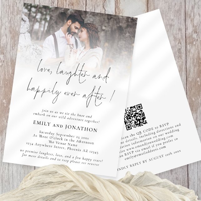Liebe Lachen glücklich je nach QR Foto Hochzeit Einladung (Front and back view. Available digitally and printed. Part of a large matching wedding suite)