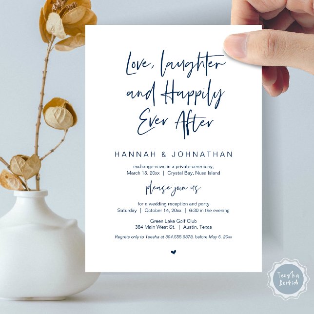 Liebe, Lachen, Navy Blue, Hochzeitsfeier Party Einladung (Love Laughter Happily Ever After Wedding Elopement Dinner Party Invitation Card, PDF, Navy Blue)