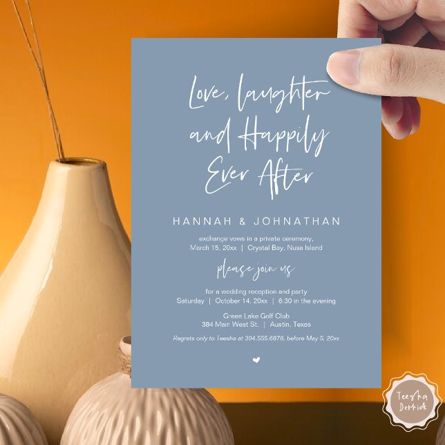 Liebe, Lachen, Schwarz, Hochzeitsfeier Party Einladung (Love Laughter Happily Ever After Wedding Elopement Dinner Party Invitation Card, PDF, Dusty Blue)