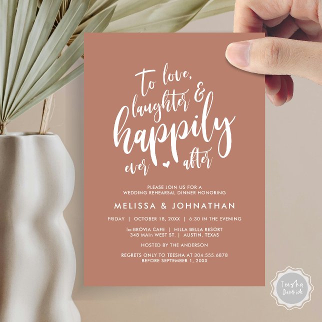 Liebe Lachen und glücklich immer danach Einladung (To Love Laughter and Happily Ever After, Wedding Rehearsal Dinner Invitation Card, PDF, Terracotta)