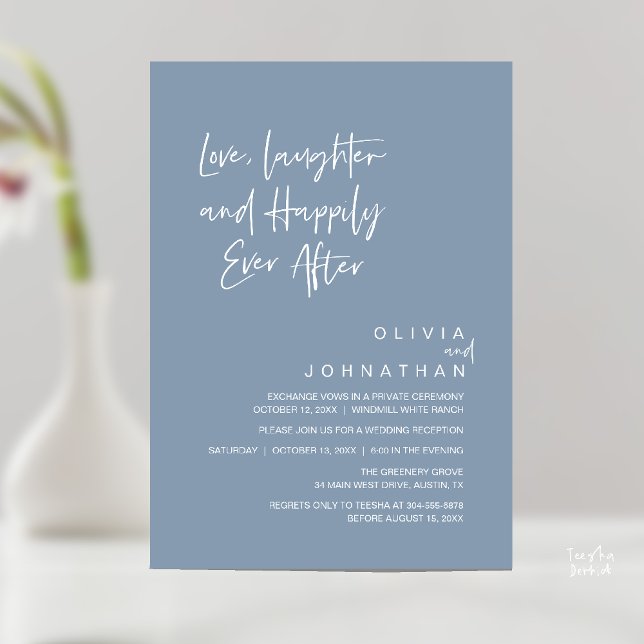 Liebe, Lachen und glücklich immer, modern Einladung (Love, Laughter and Happily Ever After, Modern Boho Wedding Invitation Card PDF Dusty Blue)