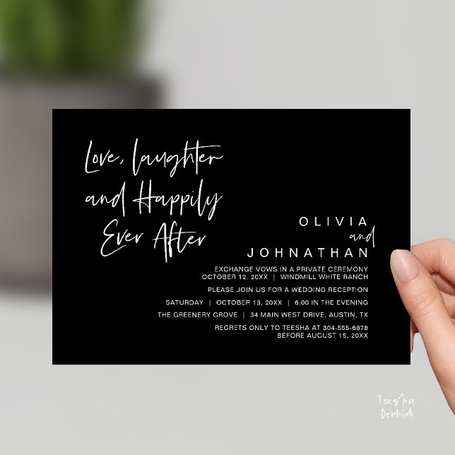 Liebe, Lachen und glücklich immer, modern Einladung (Love, Laughter and Happily Ever After, Modern Boho Wedding Invitation Card PDF Black White)