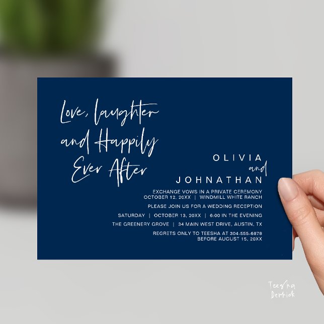 Liebe, Lachen und glücklich immer, modern Einladung (Love, Laughter and Happily Ever After, Modern Boho Wedding Invites Card PDF Navy Blue)