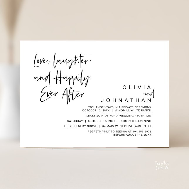 Liebe, Lachen und glücklich immer, modern Einladung (Love, Laughter and Happily Ever After, Modern Boho Wedding Invitation Card PDF Black White)